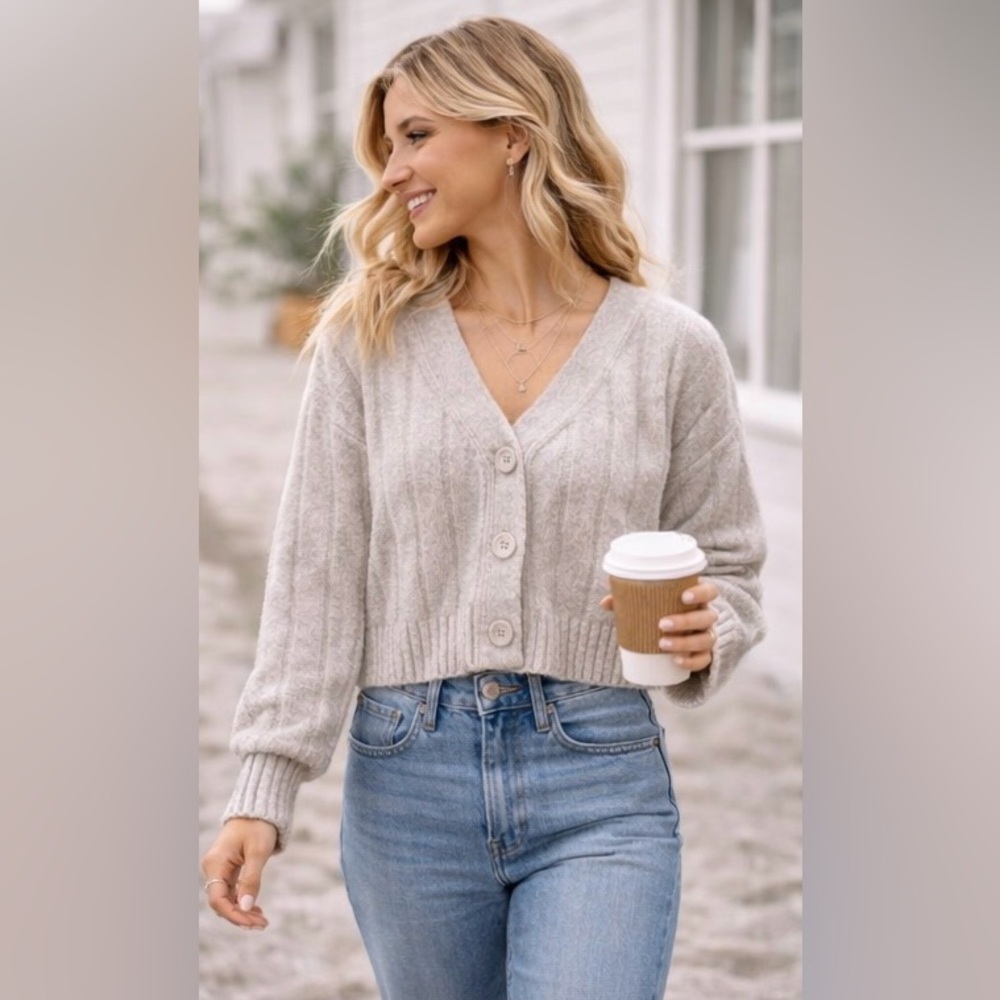 Market & Spruce Cropped Cardigan | Soft Neutral Ribbed Knit staple casual Top